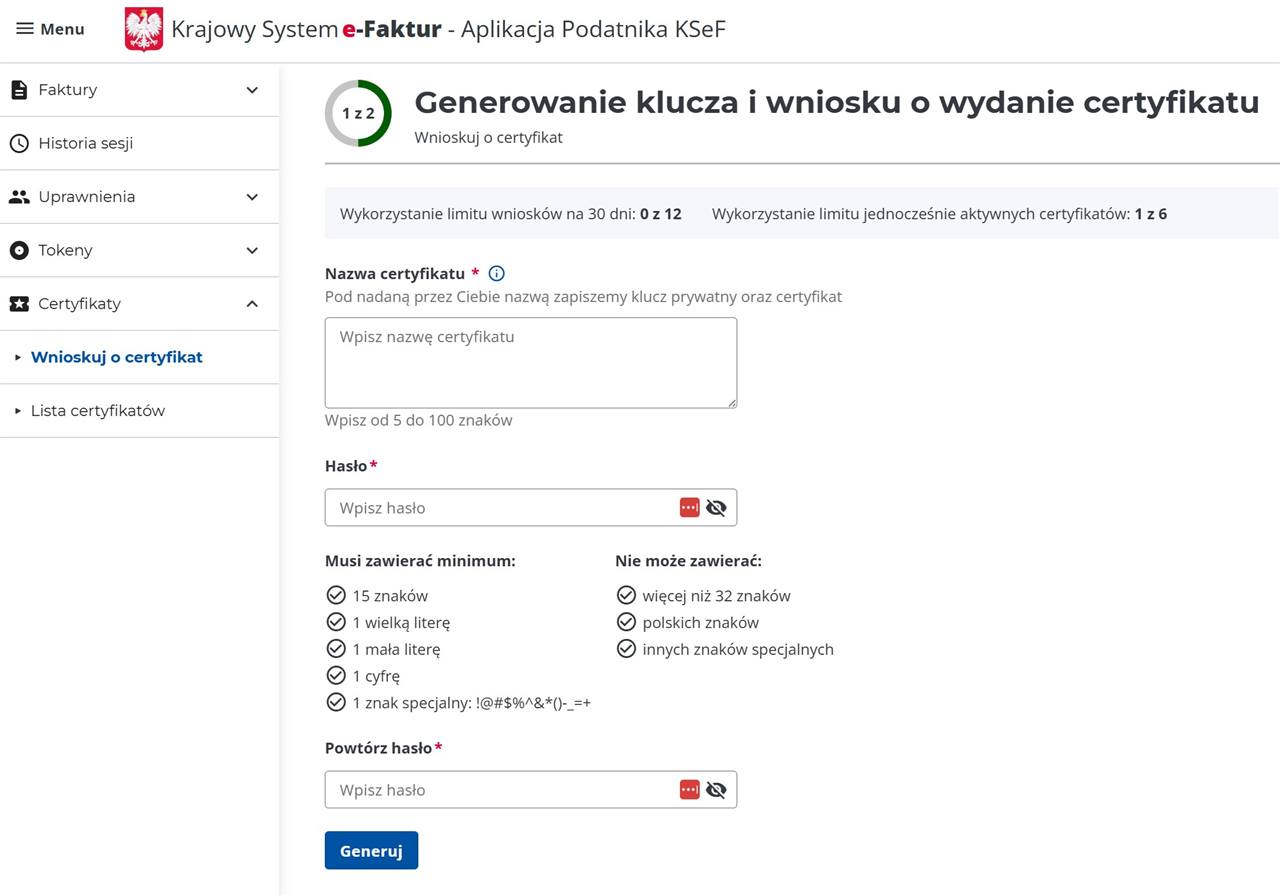 Formularz wniosku o certyfikat KSeF z polami nazwy i hasła