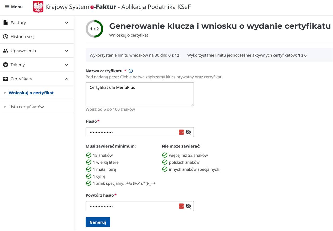 Wypełniony formularz generowania klucza prywatnego w KSeF