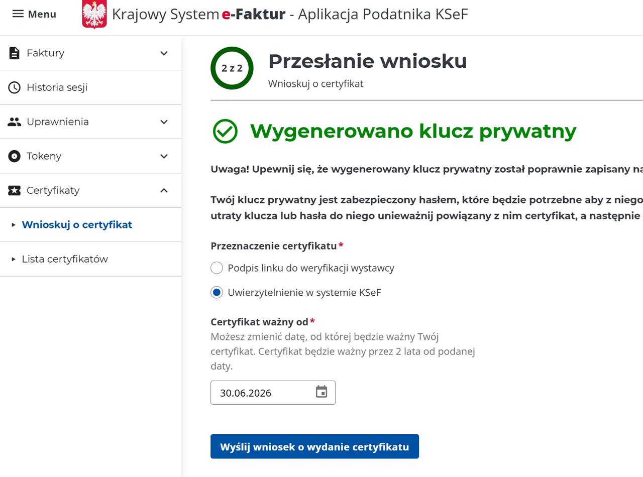 Drugi krok wniosku KSeF z wyborem przeznaczenia certyfikatu
